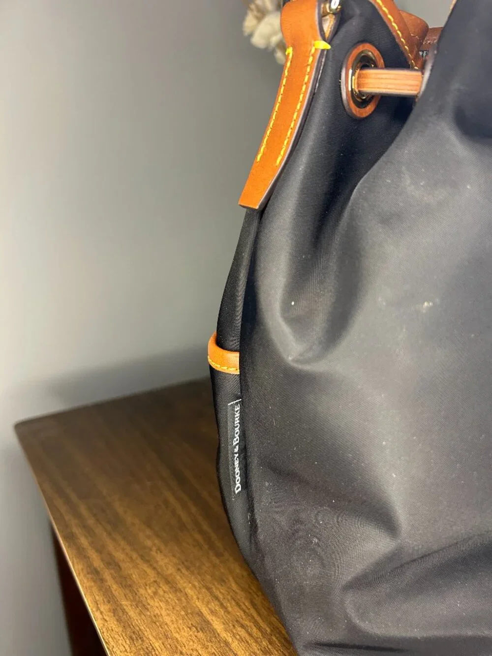 Dooney & Bourke Wayfarer Black Nylon Leather Drawstring Bucket Bag